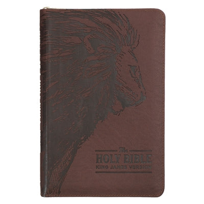 KJV Holy Bible, Standard Size Faux Leather Red Letter Edition - Thumb Index & Ribbon Marker, King James Version, Brown Lion Zipper Closure Bible Christian Art Publishers