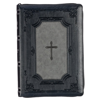 KJV Holy Bible, Super Giant Print Faux Leather Red Letter Edition - Thumb Index & Ribbon Marker, King James Version, Gray/Black Christian Art Gifts