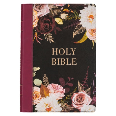 KJV Holy Bible, Thinline Large Print Faux Leather Red Letter Edition - Thumb Index & Ribbon Marker, King James Version, Black/Burgundy Printed Floral Bible Christian Art Publishers
