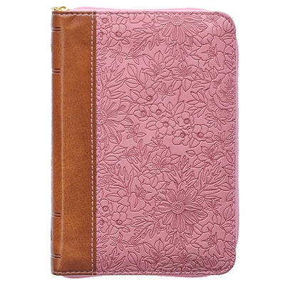 KJV Holy Bible, Mini Pocket Size, Faux Leather Red Letter Edition - Ribbon Marker, King James Version, Pink/Tan, Zipper Closure Bible Christian Art Gifts